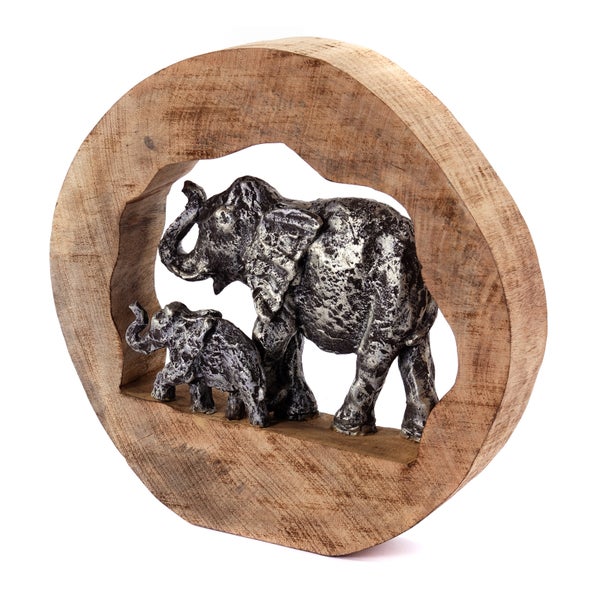 Skulptur Log Elephants Mangoholz, Aluminium silber-natur