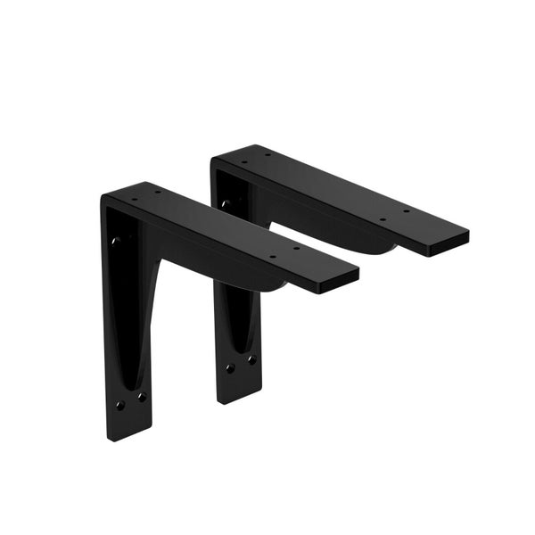 Zwei L-förmige Regalkonsolen aus Metall zur Wandmontage mit vorgebohrten Löchern.