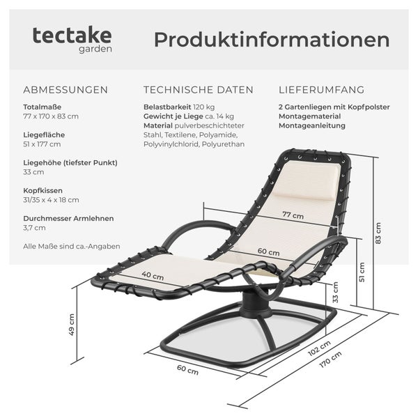 Produktinformationen zu zwei Gartenliegen mit Kopfpolster, Montagematerial und Montageanleitung; Belastbarkeit 120 kg, Gewicht je Liege circa 14 kg; Material pulverbeschichteter Stahl, Textilene, Polyamide, Polyvinylchlorid, Polyurethan; Gesamtmaße 77 x 170 x 83 cm, Liegefläche 51 x 177 cm, Liegehöhe (tiefster Punkt) 33 cm, Kopfkissen 31/35 x 4 x 18 cm, Durchmesser Armlehnen 3,7 cm