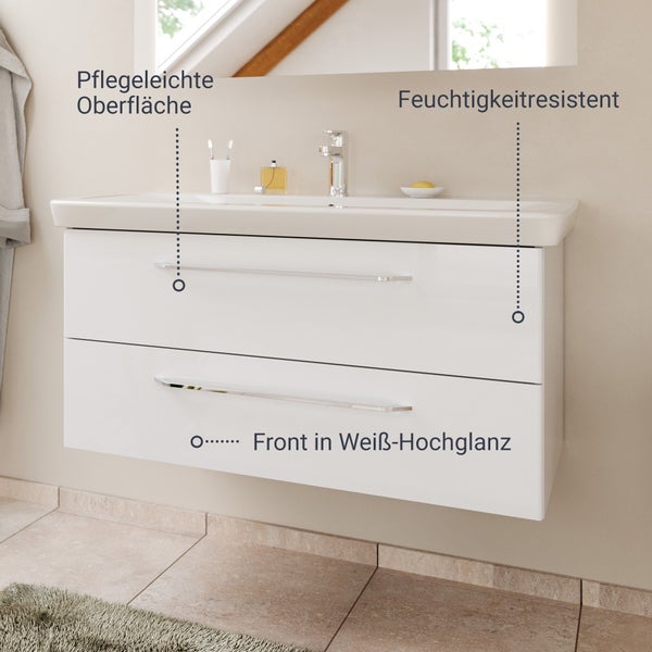 FACKELMANN MILANO Badmöbel Set 2 Teile – Waschtisch mit Unterschrank fürs Badezimmer – Waschbeckenunterschrank mit Schubladen in Weiß – Badschrank hängend – 100 cm breit
