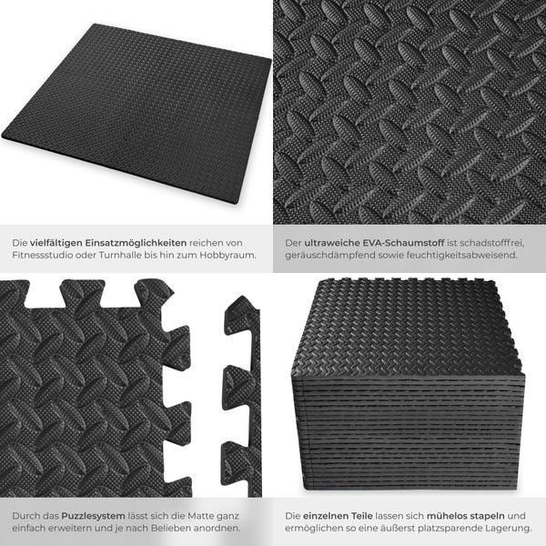 Schwarze Puzzlematte aus Schaumstoff, geeignet für Fitnessstudio oder Hobbyraum.
