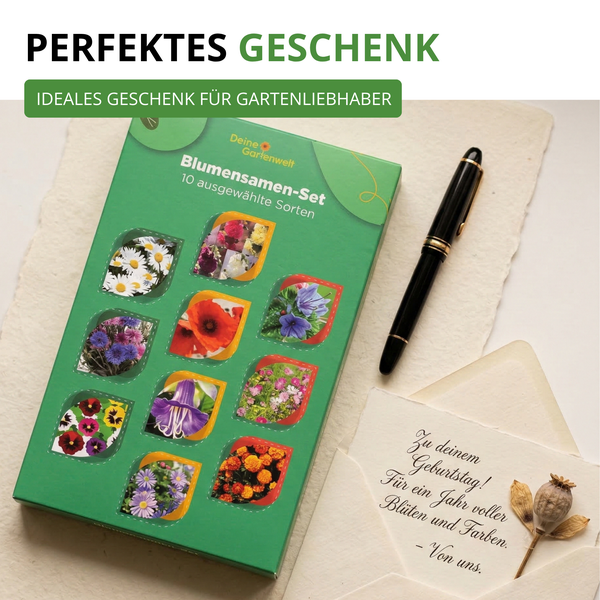 Blumensamen-Set mit zehn Sorten von Deine Gartenwelt als Geschenk für Gartenliebhaber mit Glückwunschkarte und Füller.