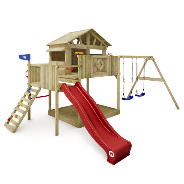WICKEY Spielturm Klettergerüst Smart Peak mit Schaukel und Rutsche, Stelzenhaus mit Sandkasten, Kletterleiter und Spiel-Zubehör - rot