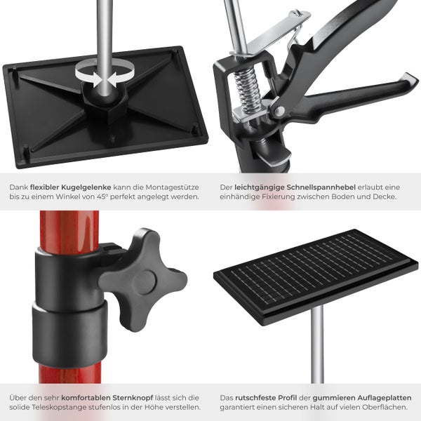 Details einer Montagestütze mit flexiblem Kugelgelenk, Schnellspannhebel, Sterngriff und rutschfesten Auflageplatten