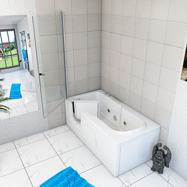 Weiße Sitzbadewanne mit integrierter Einstiegstür, Glas-Duschabtrennung und Whirlpool-Düsen in einem hell gefliesten Badezimmer.