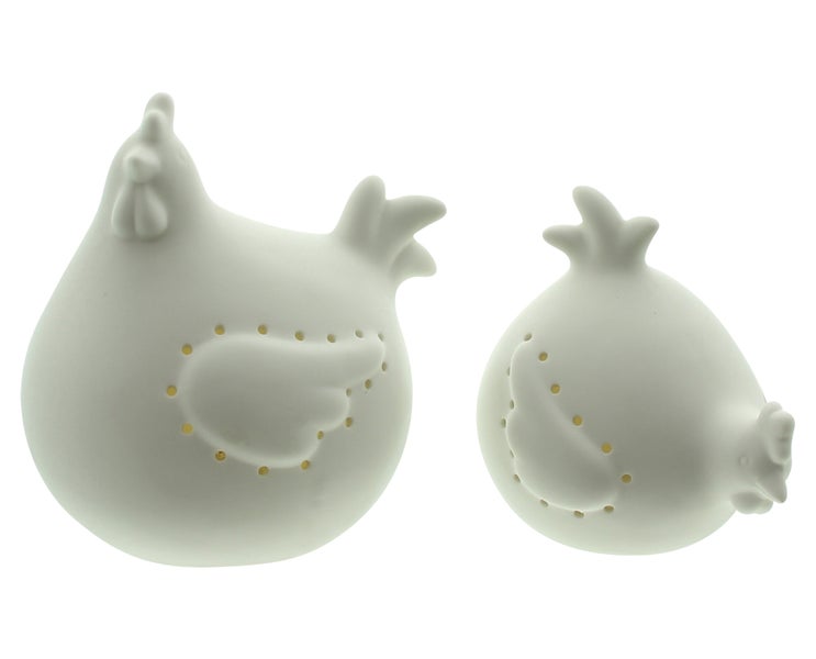 FRANK FLECHTWAREN | LED-Huhn White, 2er Set, PORZELLAN, KUNSTSTOFF, 11 x 9 x 10 cm, 12,5 x 11 x 13,5 cm