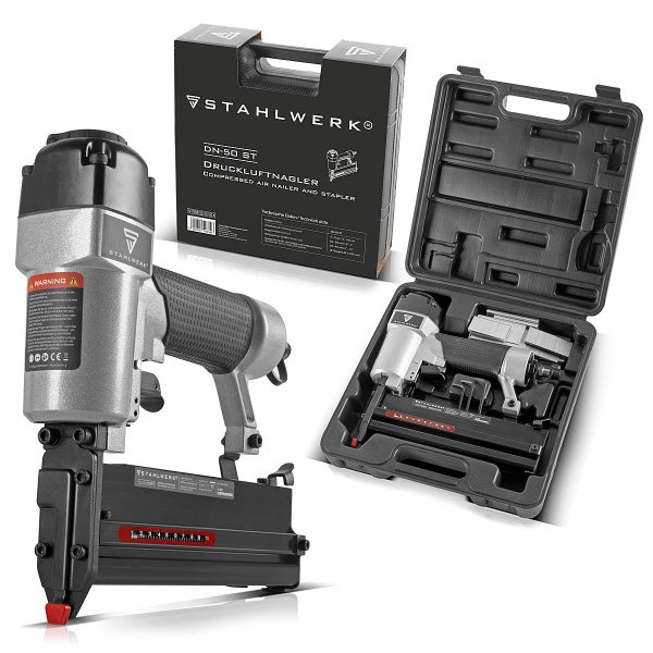 STAHLWERK Druckluftnagler DN-50 ST mit Werkzeugkoffer und Produktverpackung