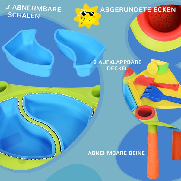 Detailansicht eines Kinderspieltisches mit abnehmbaren Schalen, abgerundeten Ecken, aufklappbaren Deckeln und abnehmbaren Beinen