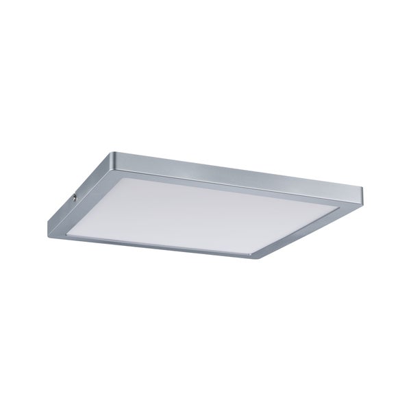Quadratische Deckenleuchte mit silberfarbenem Rahmen und weißem Diffusor.