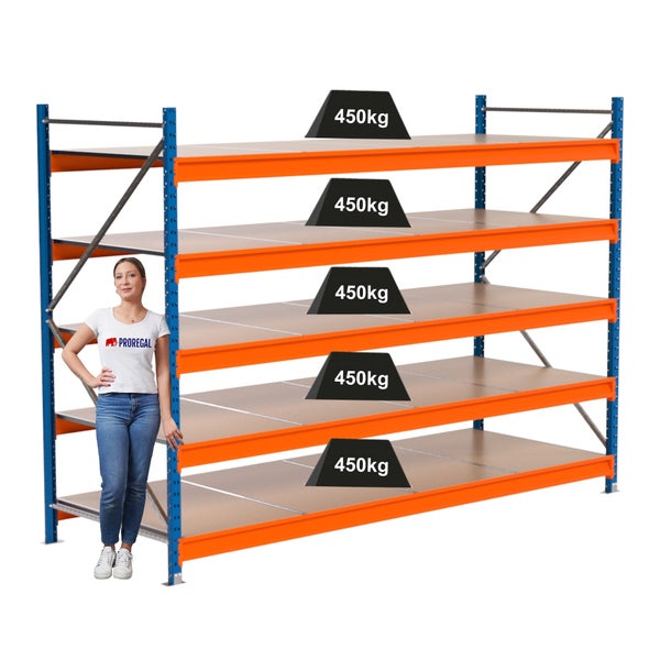 Regal mit fünf Ebenen und einer Traglast von 450 Kilogramm pro Ebene