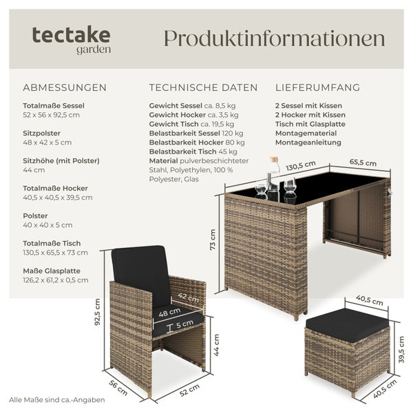 Rattan Sitzgruppe tectake Palermo inklusive Flaschenöffner, zusammenschiebbar für 2 bis 4 Personen natur