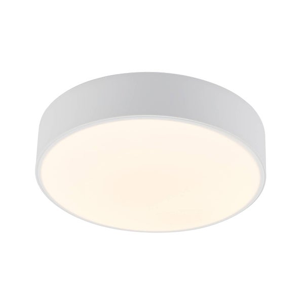 Runde flache LED-Deckenleuchte in Weiß mit warmweißem Licht.