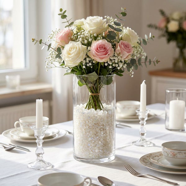 Ein Blumenstrauß aus weißen und rosa Rosen mit Schleierkraut in einer zylindrischen Glasvase gefüllt mit Dekosteinen auf einem gedeckten Tisch.