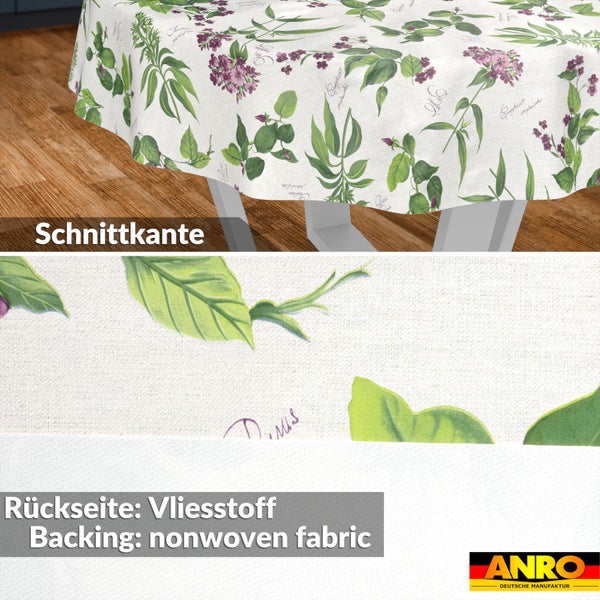 Abwaschbare Tischdecke mit botanischem Print aus Blüten und Blättern, Schnittkante, Rückseite aus Vliesstoff, ANRO Deutsche Manufaktur Logo.