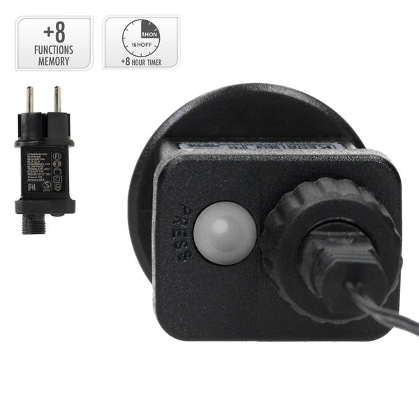 Transformator für Lichterketten mit acht Funktionen, Memory Funktion und acht Stunden Timer für den Außenbereich nach Schutzart IP44.