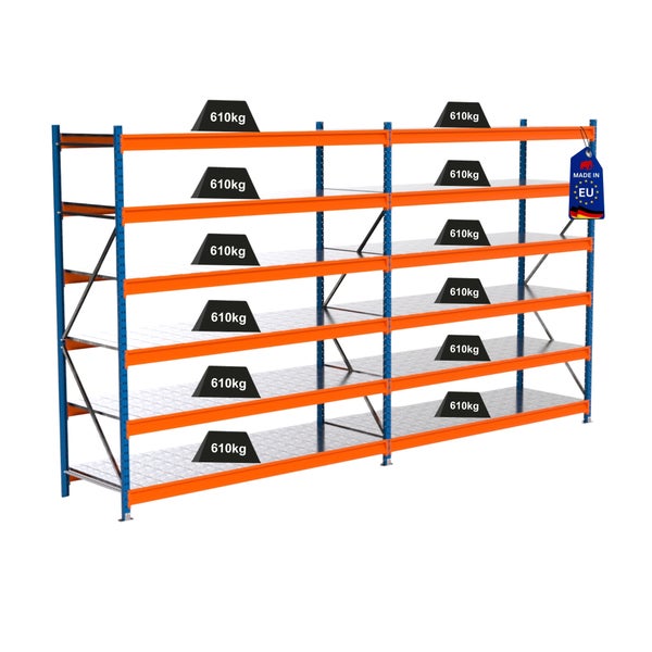 Industrieregal mit zwölf Lasten von 610 Kilogramm und Made in EU Siegel