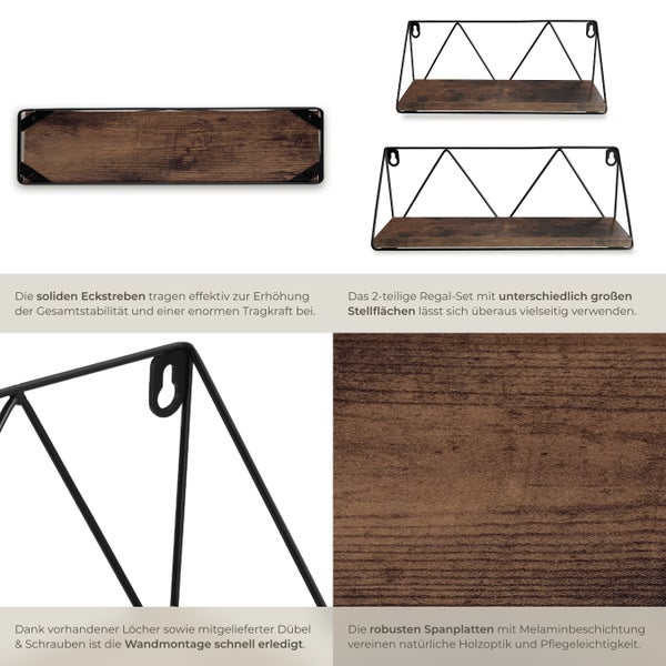 2er Set Wandregal tectake Rockport Tiefe 13 cm Industrial Style Industrial Holz dunkel, rustikal