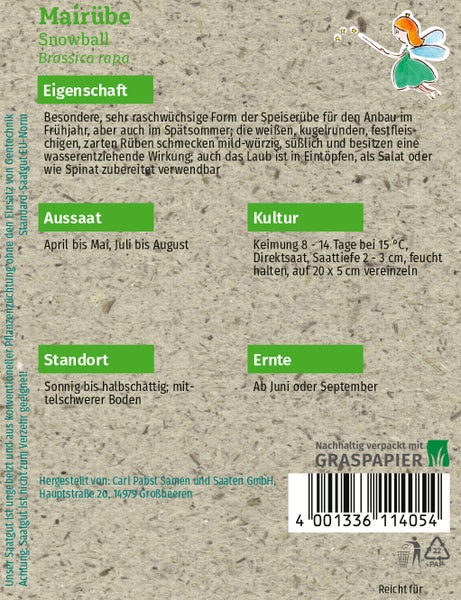 Rückseite der Samentüte für Mairübe Snowball mit Informationen zu Aussaat, Kultur, Standort und Ernte auf Graspapier.