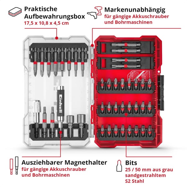 Einhell M-CASE 42-tlg. Bit-Set (25-mm-Bits, 50-mm-Bits, Magnethalter, Steckschlüssel, Schnellwechselbithalter inkl. Aufbewahrungsbox)