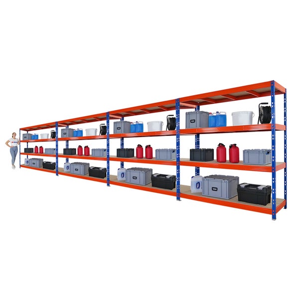 PROREGAL Mega Deal 4x Profi Schwerlastregal Rhino HxBxT 200x200x60cm 4 Spanplatten-Ebenen 8mm Fachlast 500kg Blau-Orange