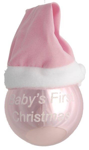 Rosa 8cm Glaskugel mit Stoffmütze Babys first Christmas für Mädchen undatiert, 1 Stck., Weihnachtsbaumkugeln, Christbaumschmuck, Weihnachtsbaumanhänger