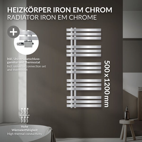LuxeBath Badheizkörper Iron EM 500x1200 mm Chrom Mittelanschluss Anschlussgarnitur Thermostat Universal Eck- und Durchgangsform, Design Heizkörper Handtuchwärmer Handtuchtrockner Handtuchheizkörper