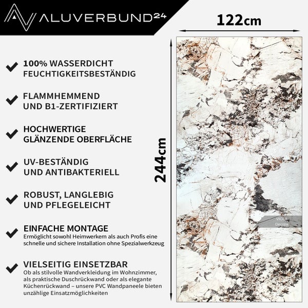 Aluverbund24 Wandpaneel Viola Decopa mit den Maßen 122 mal 244 Zentimeter, wasserdicht, feuchtigkeitsbeständig, schwer entflammbar, B1-zertifiziert, UV-beständig und antibakteriell