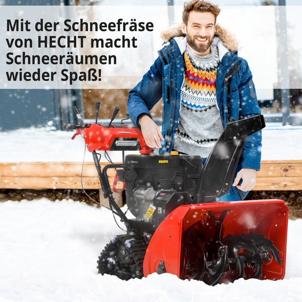 Hecht Schneefräse mit lächelndem Mann im Winter