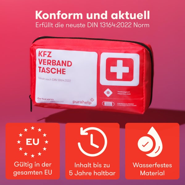 PURAHELP KFZ Verbandstasche nach aktueller Norm 2024 DIN 13164 (StVO konform) - Inkl. Beatmungstuch - Erste Hilfe Set Auto Verbandskasten Auto 2024