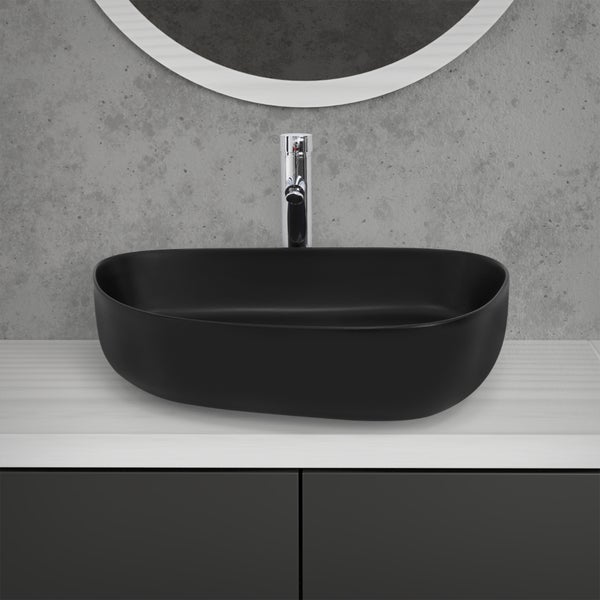 ML-Design Waschbecken aus Keramik Schwarz 55x42x14 cm Oval inkl. Ablaufgarnitur, Moderne Aufsatzwaschbecken, Design Waschtisch Aufsatz-Waschschale Waschplatz Handwaschbecken, für Badezimmer/Gäste-WC