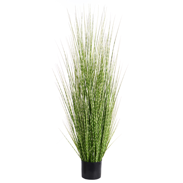 Künstliche Zebragras-Pflanze in einem schwarzen Topf mit gestreiften Halmen.
