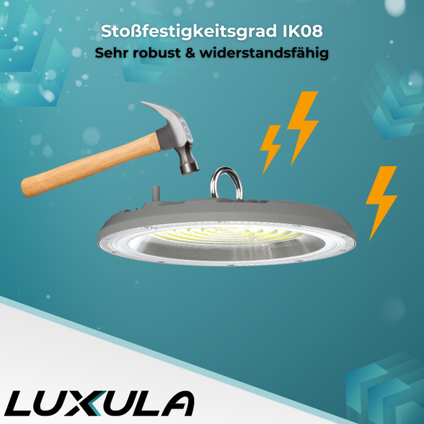 LUXULA LED HighBay UFO Hallenstrahler Grau 150W 15000lm CCT 3000-6500K Warm Neutral Kaltweiß IP65 Hallenleuchte