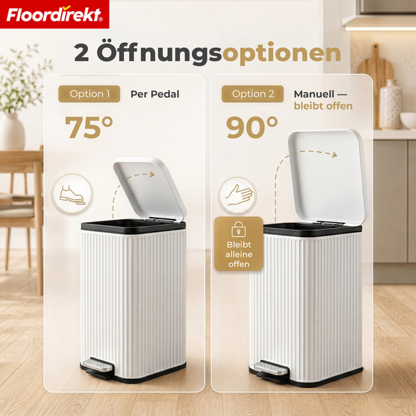 Floordirekt Logo. Weißer Mülleimer, Öffnung 75 Grad per Pedal oder 90 Grad manuell, Deckel bleibt offen.