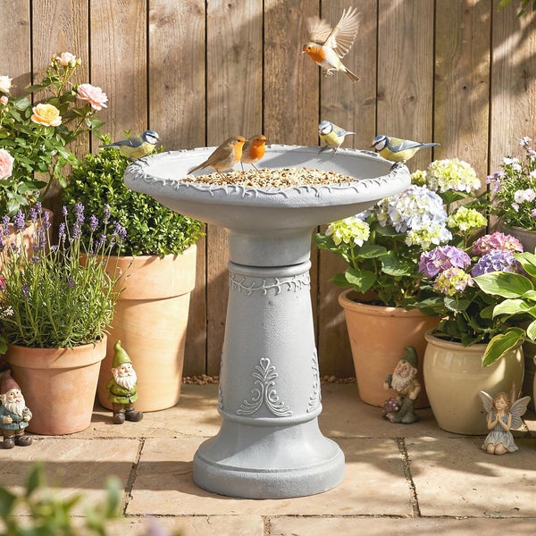 Dekorative Vogeltränke aus Stein auf Standfuß in einem hellen Garten mit Vogelfutter, bepflanzten Blumentöpfen und verschiedenen Vögeln.