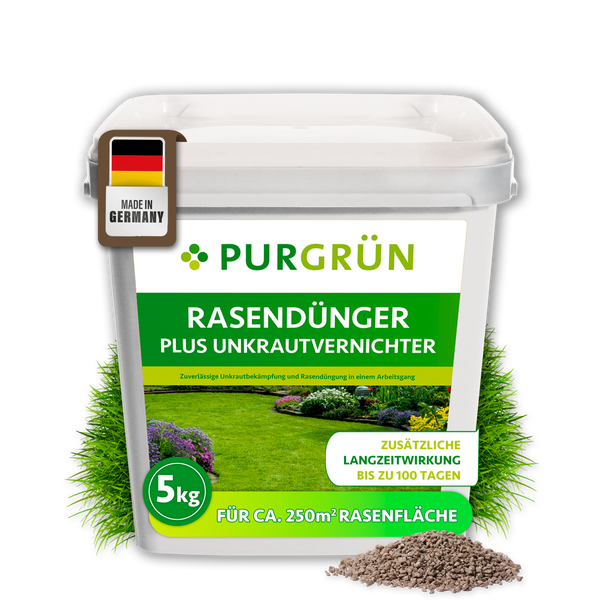 PURGRÜN Rasendünger plus Unkrautvernichter im 5 Kilogramm Eimer für 250 Quadratmeter Rasenfläche mit Langzeitwirkung bis zu 100 Tagen.