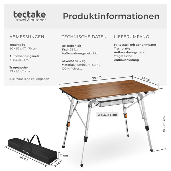 Infografik zum tectake Campingklapptisch mit Maßen 90 mal 52 mal 47 bis 70 Zentimeter, technischen Daten, Belastbarkeit und Tragetasche.