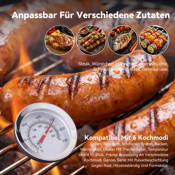 Grillwurst mit Thermometer auf Grillrost, geeignet für verschiedene Zutaten und sechs Kochmodi.