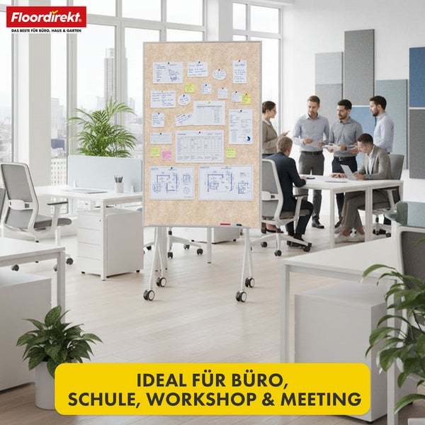 Mobiles Whiteboard mit Rollen und Notizen in Büroumgebung