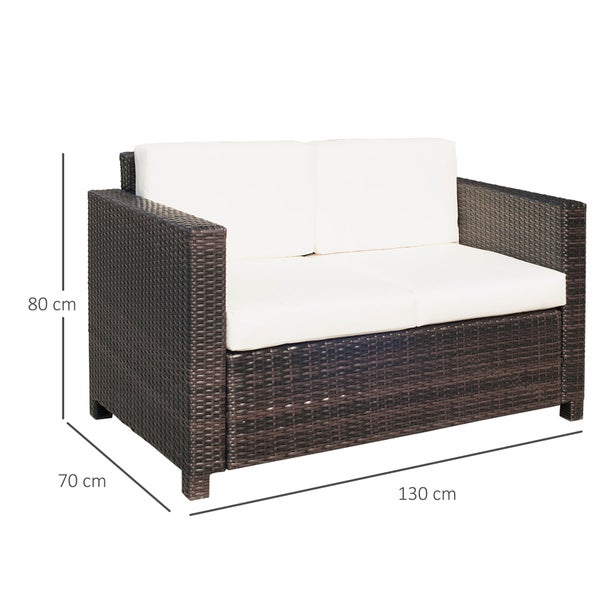 Outsunny Poly-Rattan Sofa mit Kissen, 2-Sitzer Garten Loungesofa, 130 x 70 x 80 cm, Metall, Polyester, Braun+Weiß