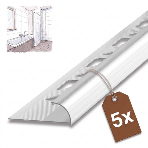 Fünfstückiges Set aus Aluminium Fliesenprofilen für Wand- und Bodenabschlüsse im Badezimmer