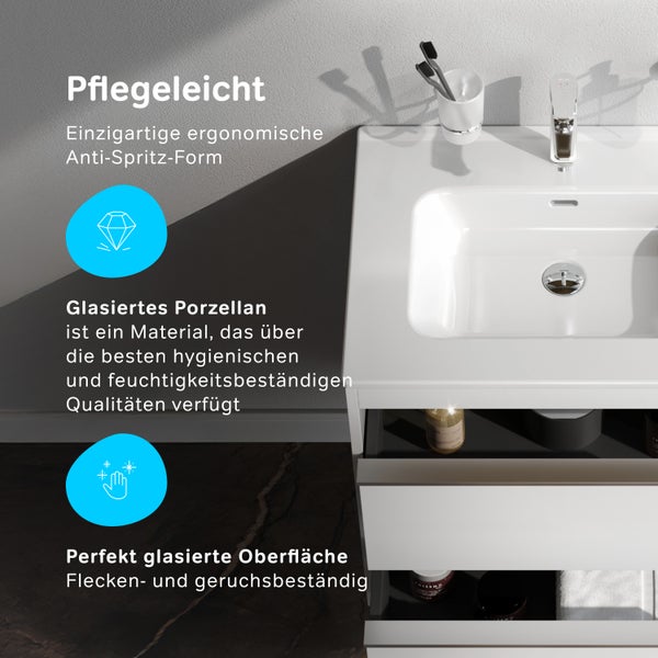 Detailaufnahme eines weißen Waschbeckens mit Unterschrank, das die Merkmale des Produkts hervorhebt