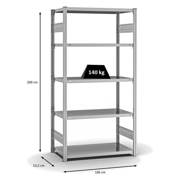 PROREGAL Fachbodenregal Stecksystem T-Profil Light-Duty Grundregal HxBxT 200 x 100 x 50 cm 5 Ebenen Fachlast 140 kg Beidseitig Nutzbar Verzinkt