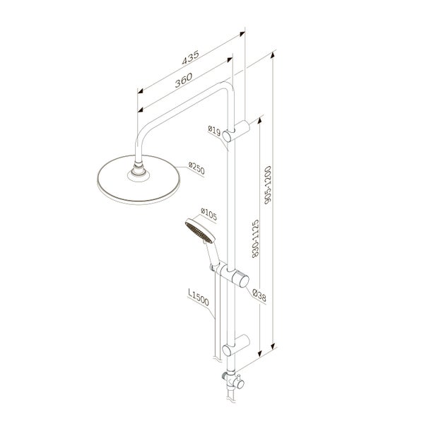 Technische Zeichnung einer Duschgarnitur mit Kopfbrause und Handbrause mit Maßangaben
