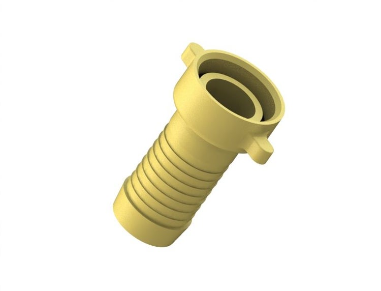 Messing-Schlauchtülle mit geripptem Stutzen und Schnellkupplungsanschluss.