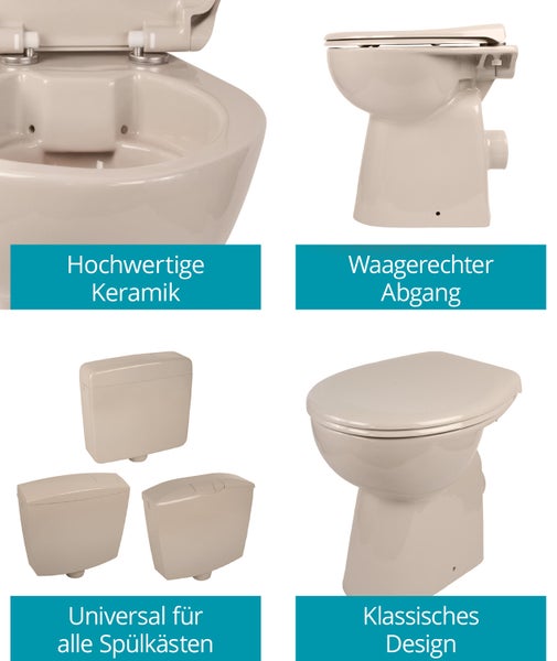 Calmwaters® Stand WC spülrandlos Komplettset Elements Wellness mit Toilettendeckel, erhöhtes WC + 7 cm, abnehmbarer WC Sitz Absenkautomatik, Schnellbefestigung, Tiefspüler, Beige, 07AB5426