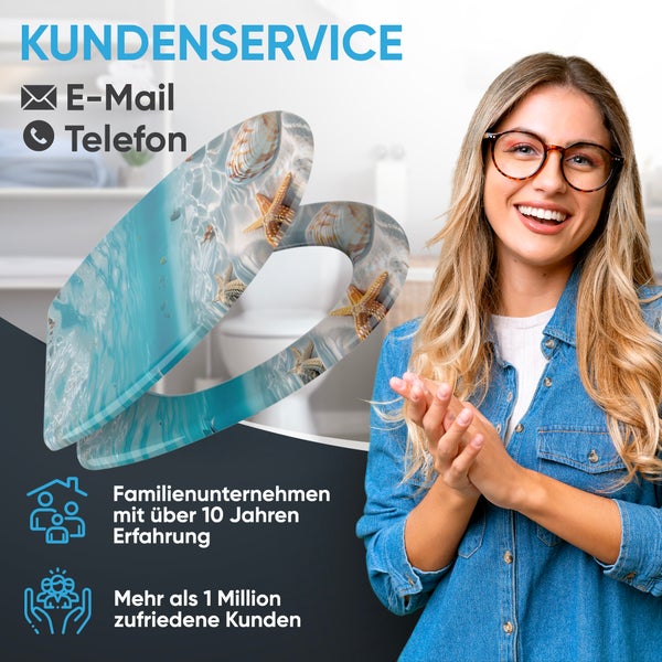 Kundenserviceinformationen mit E-Mail und Telefon, Toilettendeckel mit Strandmotiv, Familienunternehmen mit über 10 Jahren Erfahrung, Mehr als 1 Million zufriedene Kunden