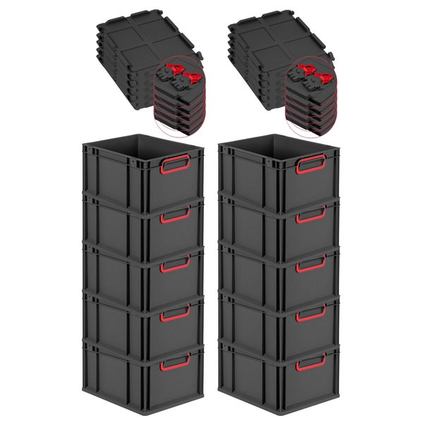 PROREGAL SuperSparSet 10x Eurobox NextGen Color mit Scharnierdeckel und Schiebeschnappverschlüssen, HxBxT 22x30x40cm, 20 Liter, Schwarz, Griffe rot geschlossen, Eurobehälter, Transportbox, Transportbehälter, Stapelbehälter