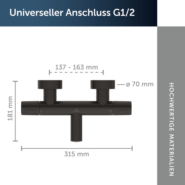 Technische Zeichnung der Thermostatarmatur mit Maßen in Millimetern und universellem Anschluss G 1 / 2 Zoll