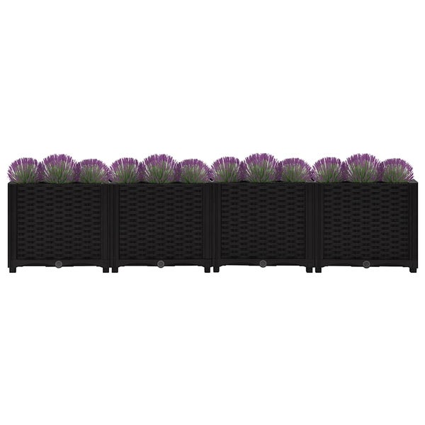 Modulares Pflanzkasten-Set aus schwarzem Poly-Rattan mit vier Elementen für Garten und Terrasse.