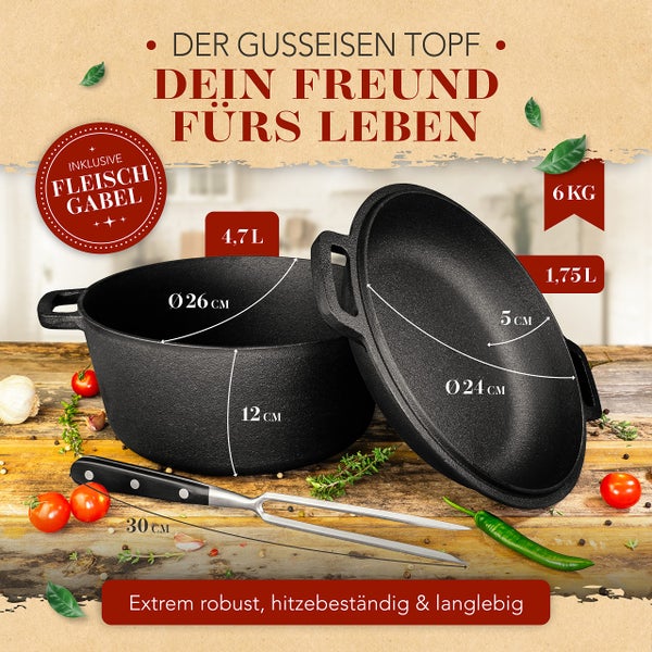 KRUSTENZAUBER Gusseisen Topf [inkl. Fleischgabel] - Robuster 26cm Gusseisen Bräter mit Deckel Backofengeeignet - Ideal als Schmortopf Induktion, Dutch Oven Set, Kazan, Cast Iron Pot, Kochtopf